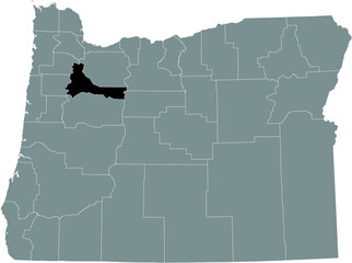 Black highlighted location map of the Marion County inside gray administrative map of the Federal State of Oregon, USA