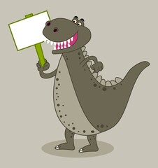 Crocodile dinosaur with large pointed teeth and holding a green sign