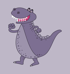 Smiling purple crocodile dinosaur with pointed teeth on the profile while walking