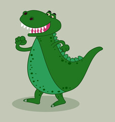 Green dinosaur crocodile smiling on profile while walking with shadow 