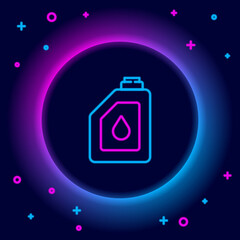 Glowing neon line Canister for motor machine oil icon isolated on black background. Oil gallon. Oil change service and repair. Engine oil sign. Colorful outline concept. Vector