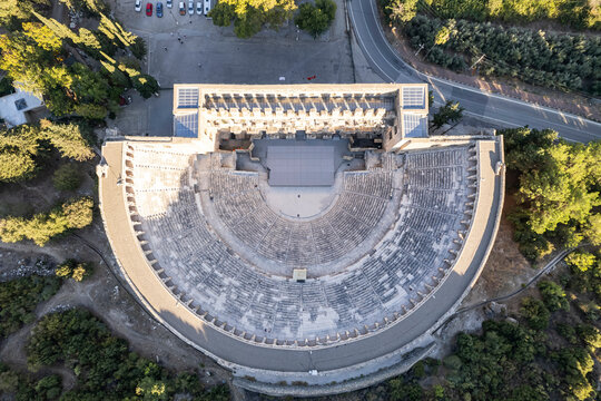 Aerial view of the ancient Aspendos amphitheater in Antalya