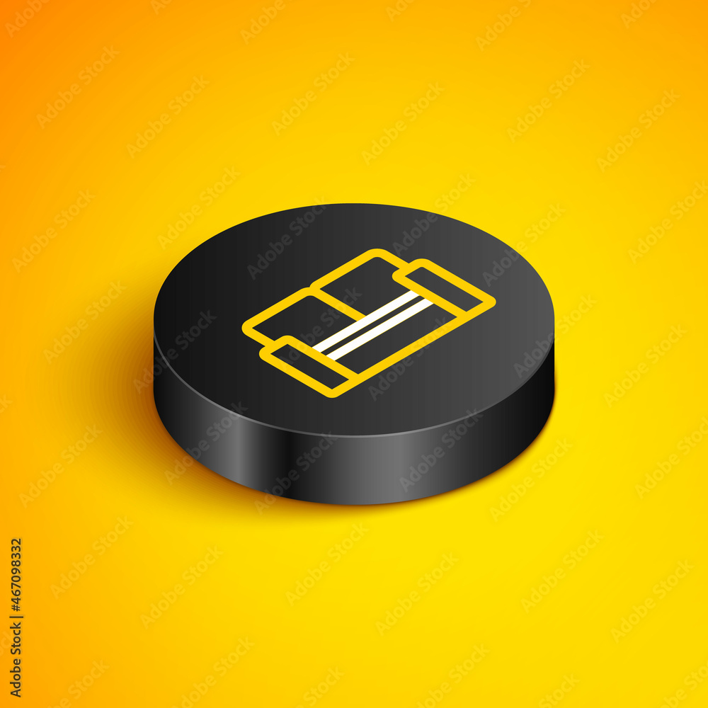 Sticker Isometric line Cinema chair icon isolated on yellow background. Black circle button. Vector