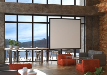 3D illustration Mockup photo frame in lounge or canteen