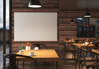 3D illustration Mockup photo frame in lounge or canteen