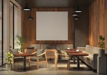 3D illustration Mockup photo frame in lounge or canteen