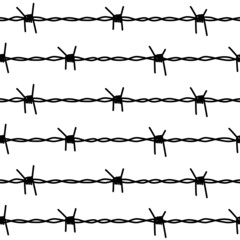 Barbed wire. Seamless pattern isolated on white background. Steel barbwire with spikes. Black silhouette of a chain of wires in a line. Isolation symbol, prison, grill, barrier. Vector illustration