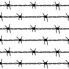 Barbed wire. Seamless pattern isolated on white background. Steel barbwire with spikes. Black silhouette of a chain of wires in a line. Isolation symbol, prison, grill, barrier. Vector illustration
