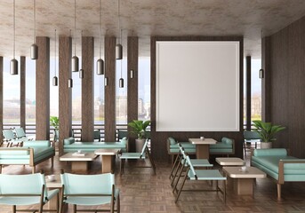3D illustration Mockup photo frame in lounge or canteen