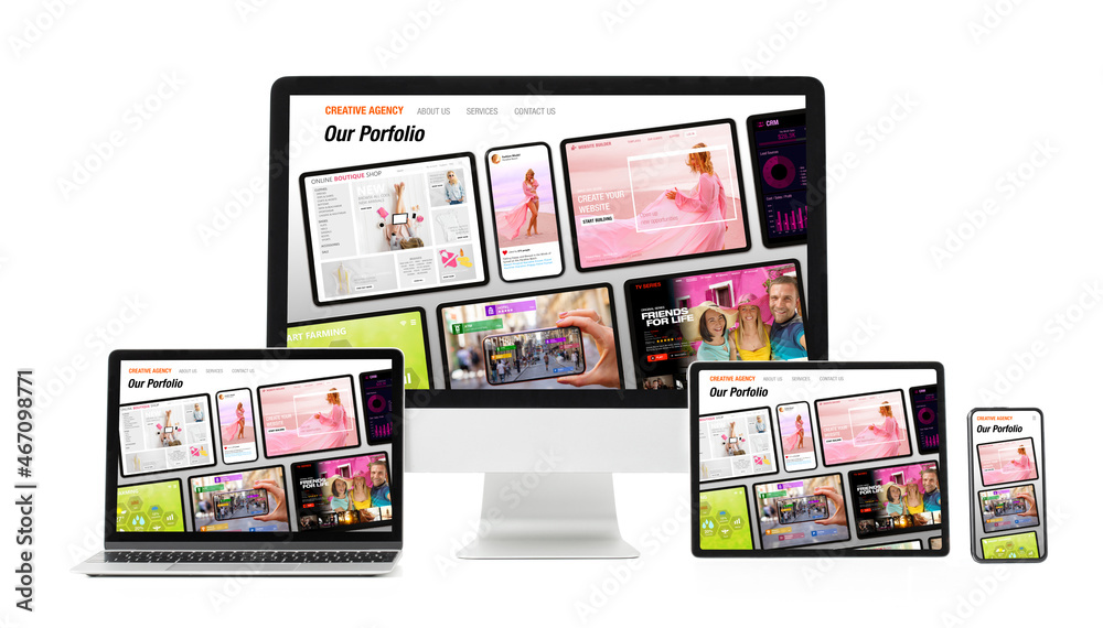 Wall mural mockup of different tech gadgets with sample adaptive design website
