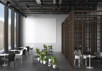 3D illustration Mockup photo frame in lounge or canteen