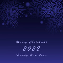 Merry Christmas and Happy New Year 2022. Vector illustration. Festive blue background with Christmas tree