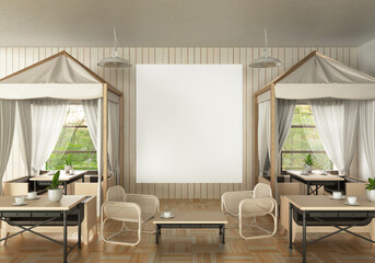 3D illustration Mockup photo frame in lounge or canteen