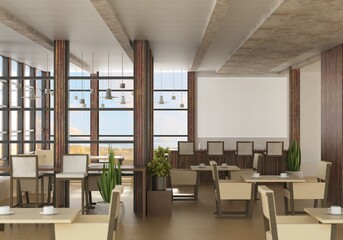 3D illustration Mockup photo frame in lounge or canteen