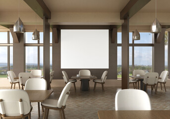 3D illustration Mockup photo frame in lounge or canteen