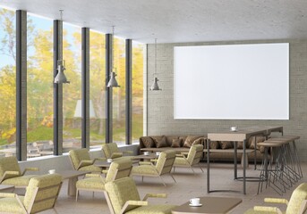 3D illustration Mockup photo frame in lounge or canteen