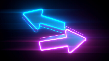 Neon arrows that look in different directions, in a blue and pink glow -3D rendering