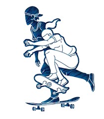 Fototapeta premium Group of Skateboarder Playing Skateboard Together Extreme Sport Cartoon Graphic Vector