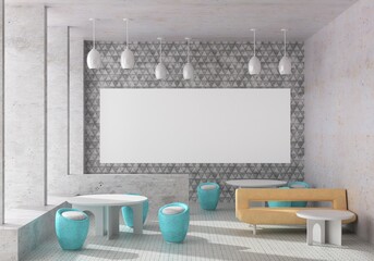 3D illustration Mockup photo frame in lounge or canteen