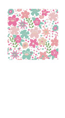 Floral background with simple small and large flowers of pink, light pink, light green and light orange. Flat steel. Seamless pattern. Vector stock illustration isolated on white background.