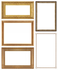 Set of golden frames for paintings, mirrors or photo isolated on white background