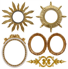 Set of golden frames for paintings, mirrors or photo isolated on white background