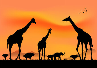 Fototapeta na wymiar graphics landscape view giraffe at the forest with mountain background and twilight silhouette vector illustration