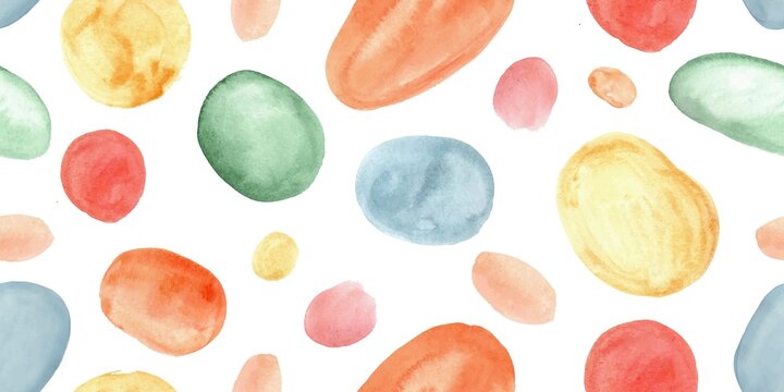 Seamless pattern with colorful, pink, red, blue, yellow, green watercolor circles, dots, natural forms.