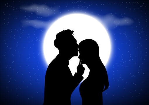 graphics image drawing man and women silhouette with The full moon background concept love romantic vector illustration
