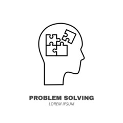 Thinking and solving process line icon concept. Human head with puzzle inside outline stroke element. Psychologist counseling. Anxiety, mood disorder, depression. Editable stroke vector illustration