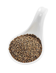 Perilla herb seeds in white spoon isolated on white background