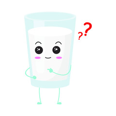 Kawaii cartoon of a glass of milk. Character of cute milk in the glass. chibi mascot. Illustration emoji milk in various expression. curious, ask, asking, question
