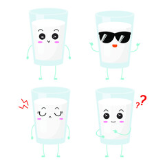 Kawaii cartoon of a glass of milk. Character of cute milk in the glass. chibi mascot. Illustration emoji milk in various expression. collection of cute expression 4