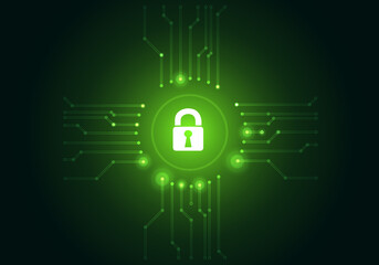 computer circuit board with locked padlock closed green