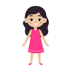 Cute girl kid. Funny child isolated on white background. Beautiful Baby girl smiling in dress. Happy emotion girl. Vector illustration in flat style