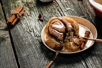 homemade cinnamon rolls. Cinnamon sinnabon bun. banner, menu, recipe place for text, top view