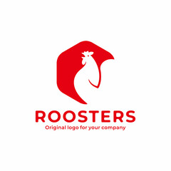 Rooster crowing logo in red color.