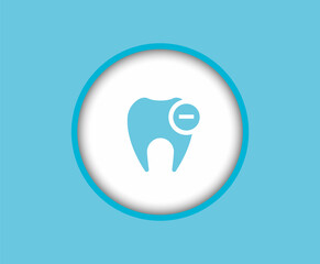 The logo of the dental clinic for dental treatment on a blue background is an icon of a white tooth with a minus