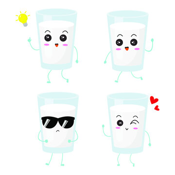 Kawaii cartoon of a glass of milk. Character of cute milk in the glass. chibi mascot. Illustration emoji milk in various expression. collection of cute expression 1