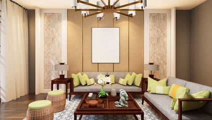 3D illustration Mockup photo frame in living room rendering