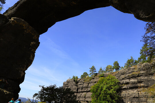 The prebischtor gate with view at the rocks of Bohemian Switzerland, Czech Republic