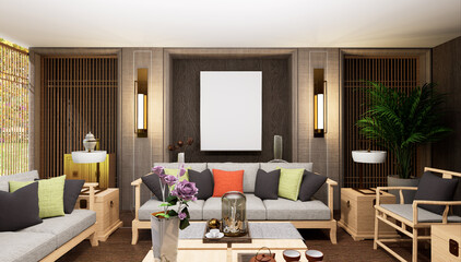 3D illustration Mockup photo frame in living room rendering