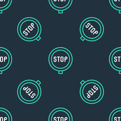 Line Stop sign icon isolated seamless pattern on black background. Traffic regulatory warning stop symbol. Vector