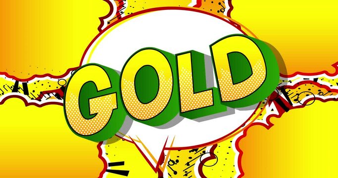 Gold. Motion poster. 4k animated Comic book word text changing color on abstract comics background. Retro pop art style.