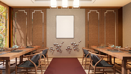 3D illustration Mockup photo frame in restaurant rendering
