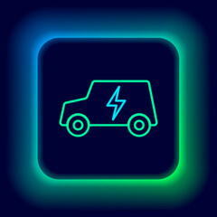 Glowing neon line Electric car and electrical cable plug charging icon isolated on black background. Renewable eco technologies. Colorful outline concept. Vector