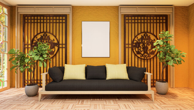 3D illustration Mockup photo frame in living room rendering