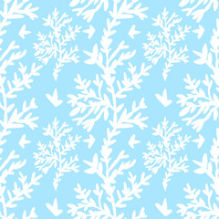 Seamless vector pattern with Christmas botanicals in white line on light blue background.Winter,floral,holiday print in doodle style hand drawn.Designs for textile,wrapping paper,fabric,scrapbooking.