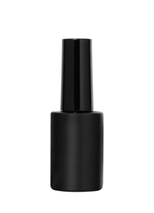 Black matte glass bottle for nail lacquer placed on white isolated background in studio