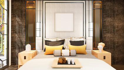 3D illustration Mockup photo frame in bedroom rendering